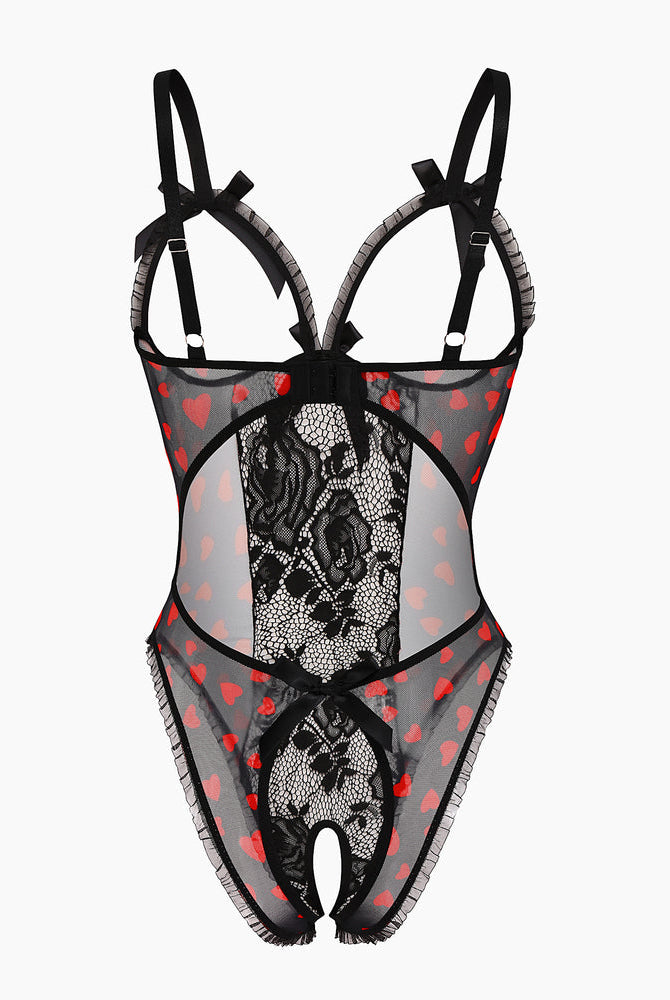 Avidlove black lace bodysuit with heart pattern, cutout bra, and crotchless design. Sexy lingerie.