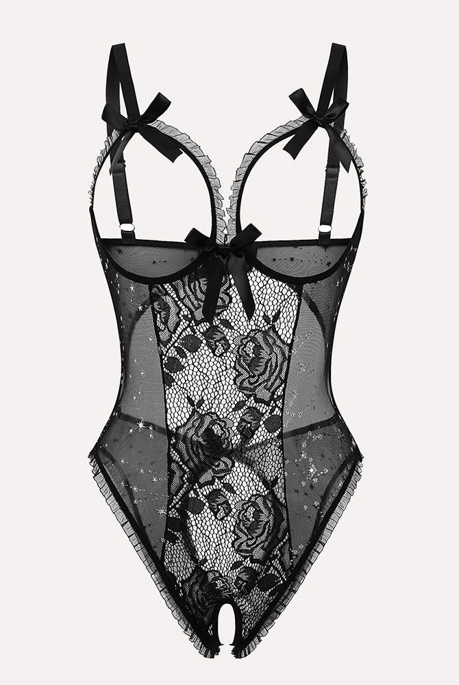 Black lace mini bodysuit with floral lace, cutout design, and adjustable straps, crotchless style.