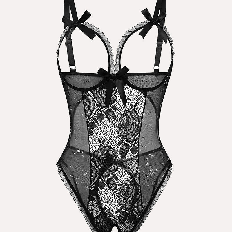 Black lace mini bodysuit with floral lace, cutout design, and adjustable straps, crotchless style.