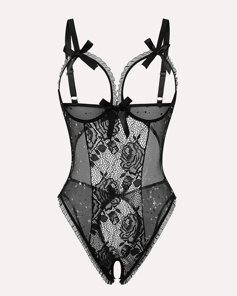 Floral lace mini bodysuit with adjustable straps, cutout back, crotchless, and bow accents.