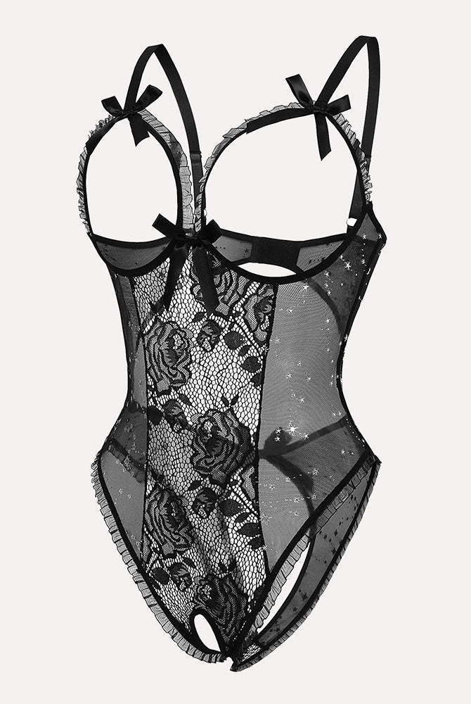 Leopard Lace Mini Bodysuit in black with lace, cutout, and adjustable straps.