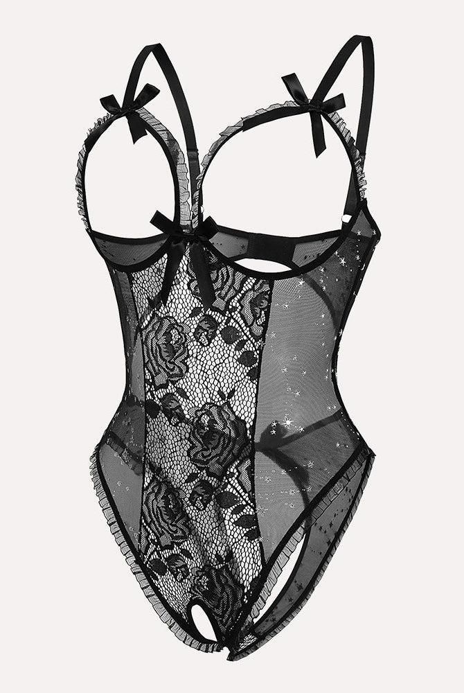 Black lace mini bodysuit with adjustable straps, cutout back, crotchless design and floral details