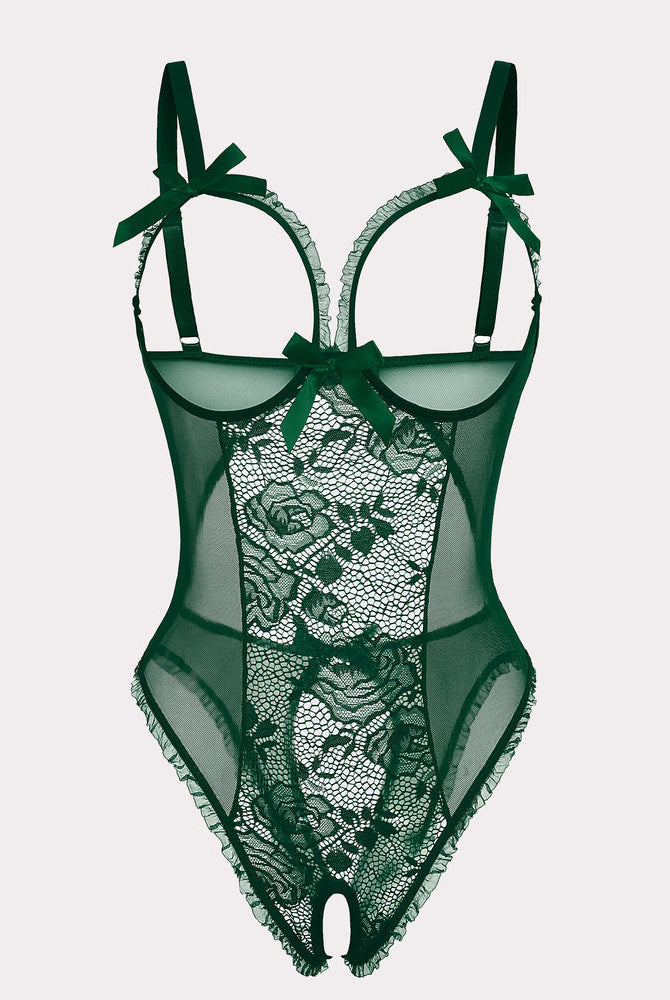 Green floral lace mini bodysuit with adjustable straps, cutout back, crotchless, and bow accents.