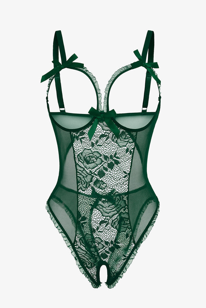 Green lace mini bodysuit with cutout bra, ruffle trim, and bow by Avidlove. Sexy lingerie.