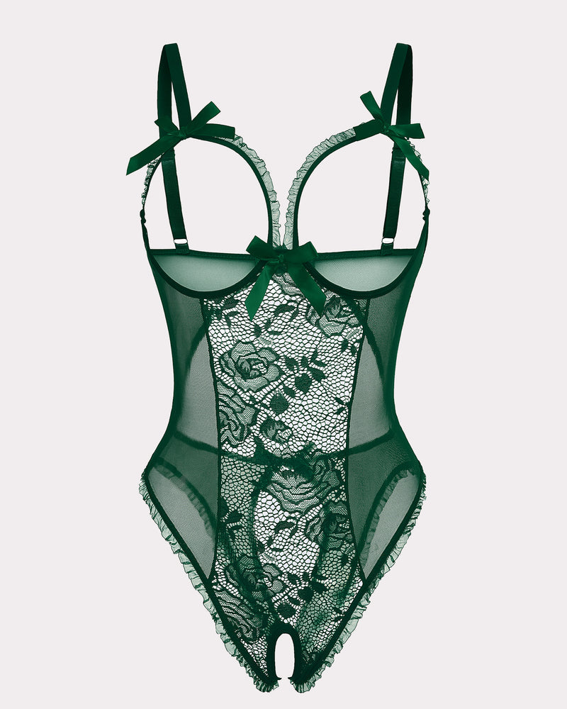 Green floral lace mini bodysuit, cutout design, adjustable straps, crotchless.