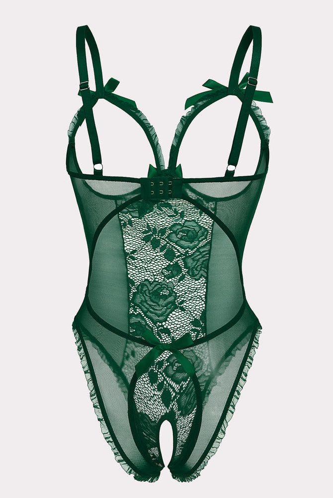 Green floral lace mini bodysuit with adjustable straps, cutout back, crotchless design.