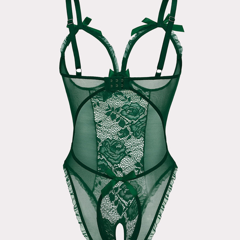 Green floral lace mini bodysuit with adjustable straps, cutout back, crotchless design.