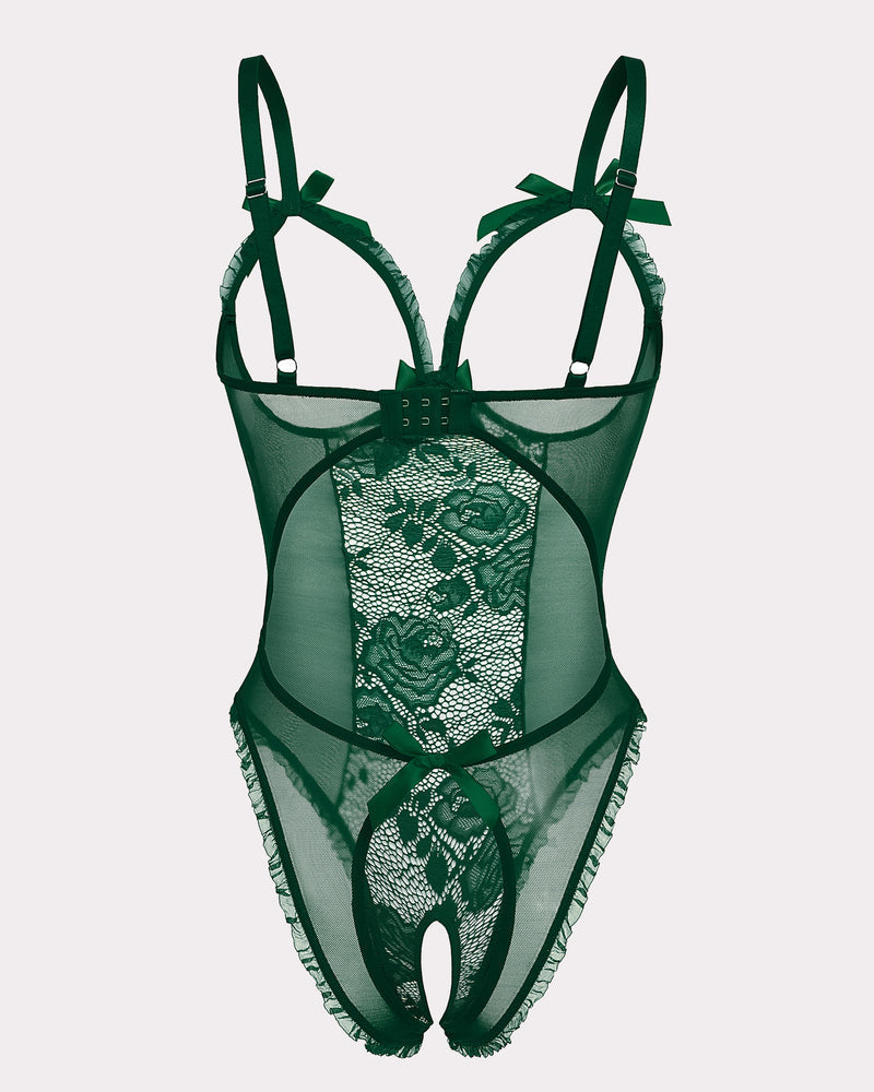 Green floral lace mini bodysuit with cutout design and adjustable straps. Crotchless style.