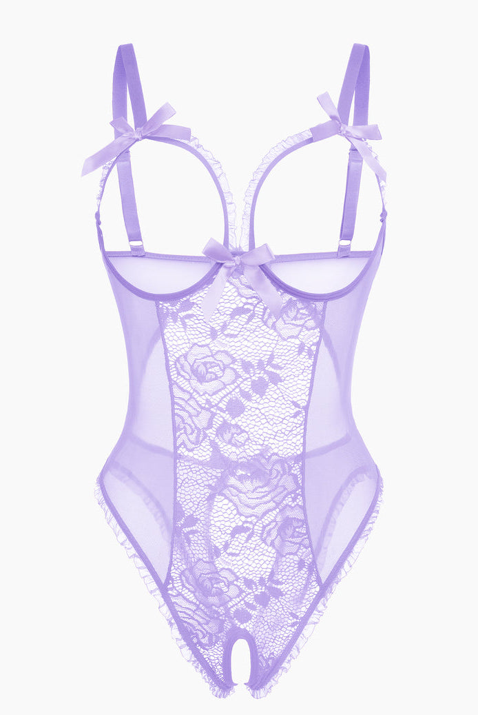 Lavender lace mini bodysuit with cutout bra, ruffle trim, and crotchless design by Avidlove