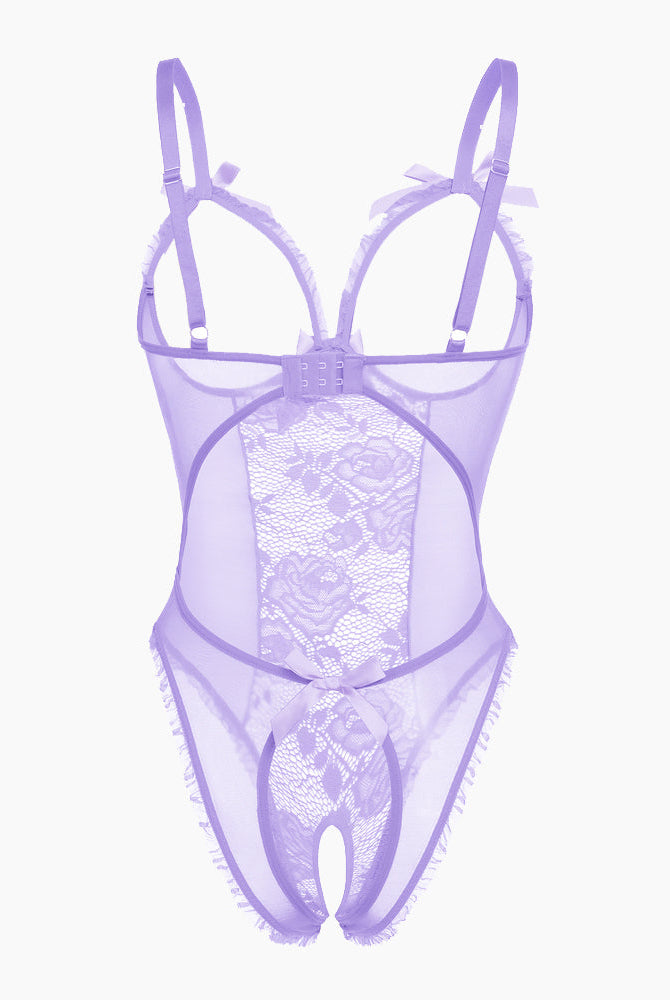 Avidlove light purple lace mini bodysuit, cutout bra, ruffle trim, crotchless