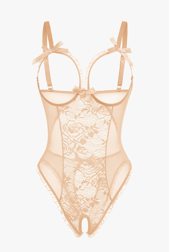 Avidlove nude lace mini bodysuit with cutout bra, ruffle trim, and crotchless design. Sexy lingerie.