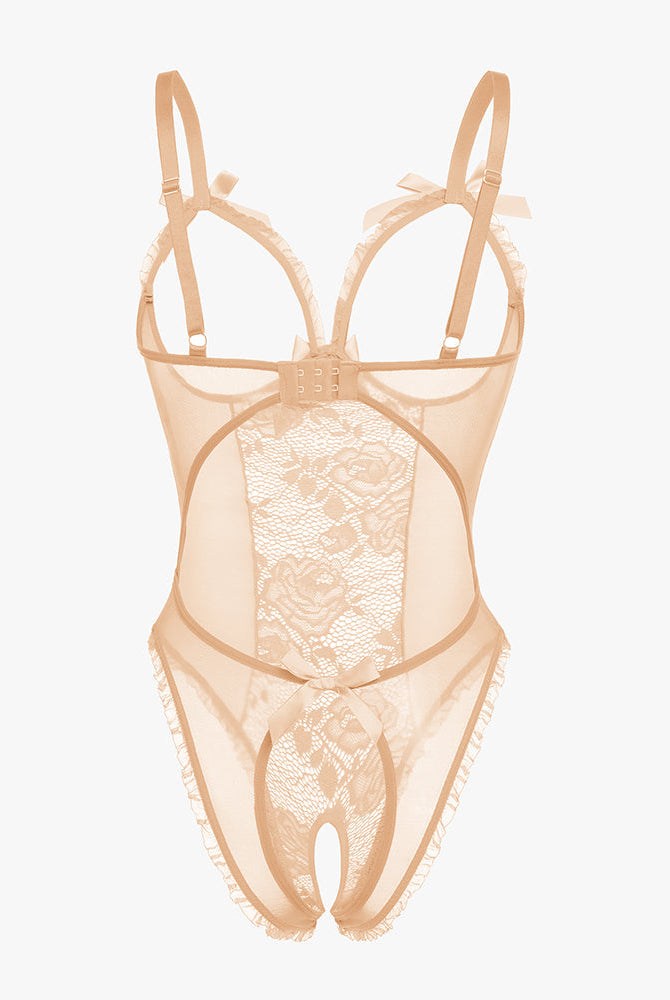 Avidlove beige lace mini bodysuit with cutout bra, ruffle trim, and crotchless.