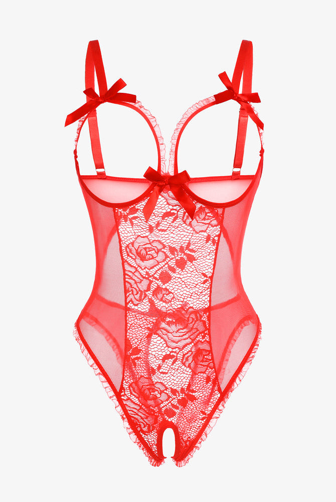 Red lace mini bodysuit with cutout bra, ruffle trim, and crotchless design. Avidlove sexy lingerie.