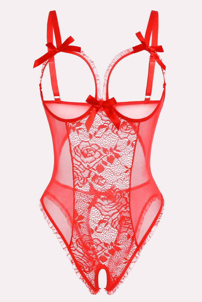 Red floral lace mini bodysuit, cutout back, adjustable straps, and crotchless design.