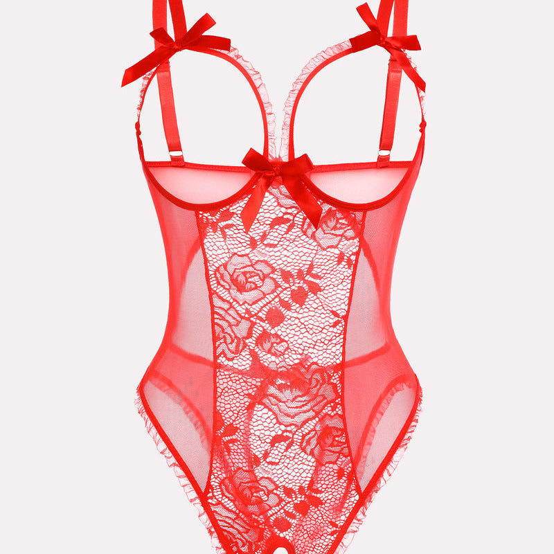 Red floral lace mini bodysuit, cutout back, adjustable straps, and crotchless design.