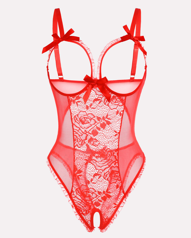 Red floral lace mini bodysuit, cutout back, adjustable straps, and crotchless design.