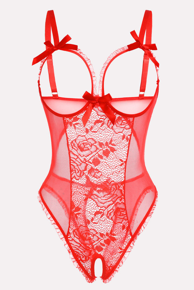 Red floral lace mini bodysuit, cutout design with bow, adjustable straps, and crotchless style.