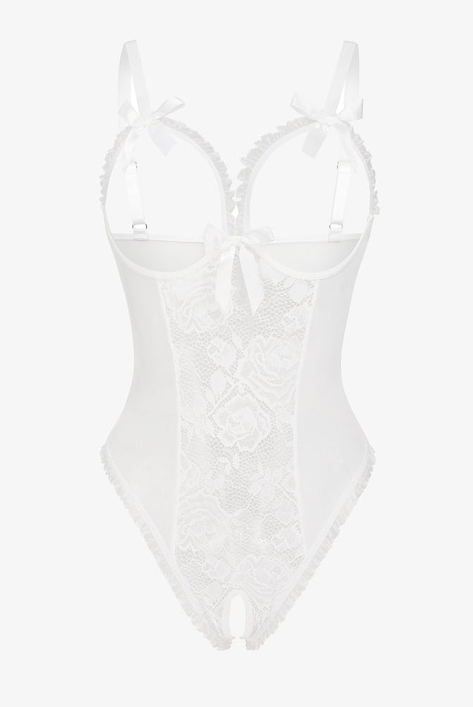 Avidlove White Crotchless Lingerie Bodysuit with Lace, Bows, and Cutout Bra; Sexy design