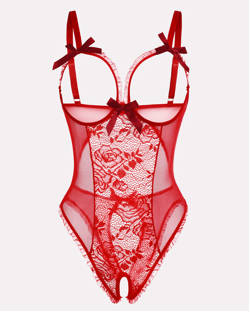 Crotchless red lace bodysuit with cutout bra, floral lace, and ruffle trim. Sexy lingerie for women.