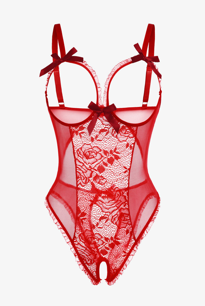 Avidlove red lace mini bodysuit with cutout bra, ruffle trim, and bow. Sexy lingerie.