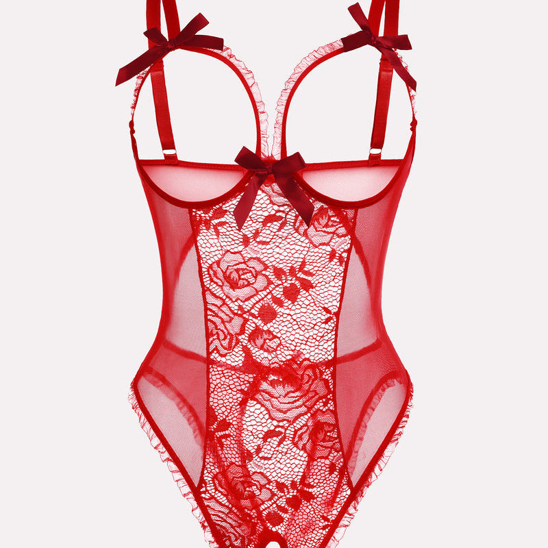 Red floral lace mini bodysuit with cutout and bow accents, adjustable straps, crotchless style.