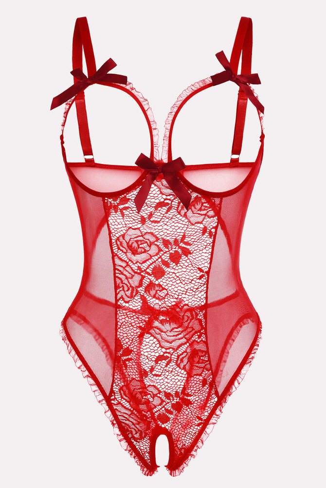 Red floral lace mini bodysuit, adjustable straps, cutout back, crotchless, floral details