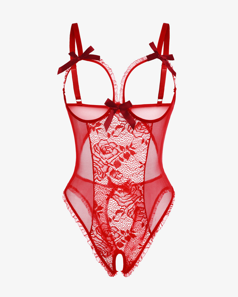 Red Avidlove crotchless lingerie bodysuit with floral lace, cutout bra and bow details