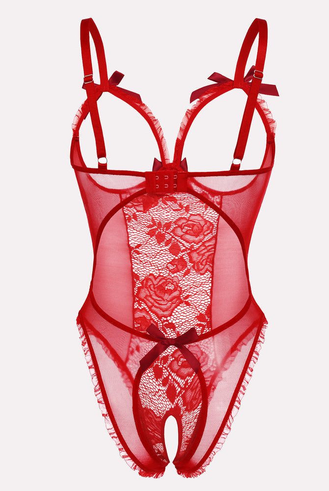 Red floral lace mini bodysuit with adjustable straps and crotchless design