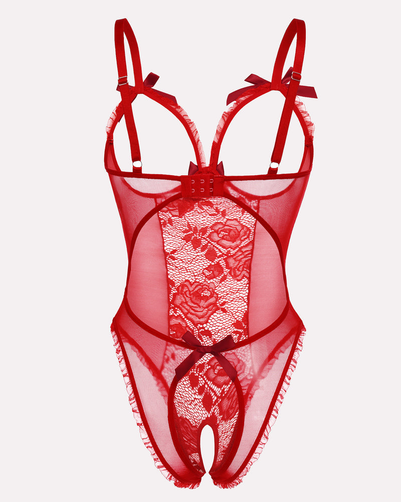 Red floral lace mini bodysuit with adjustable straps and crotchless design