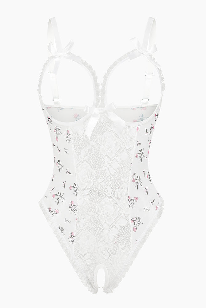 Avidlove white lace mini bodysuit with floral print, cutout backless design and crotchless bottom