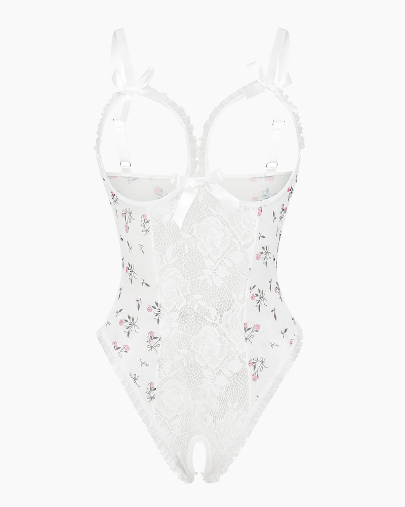 Avidlove white lace mini bodysuit with floral print, cutout backless design and crotchless bottom