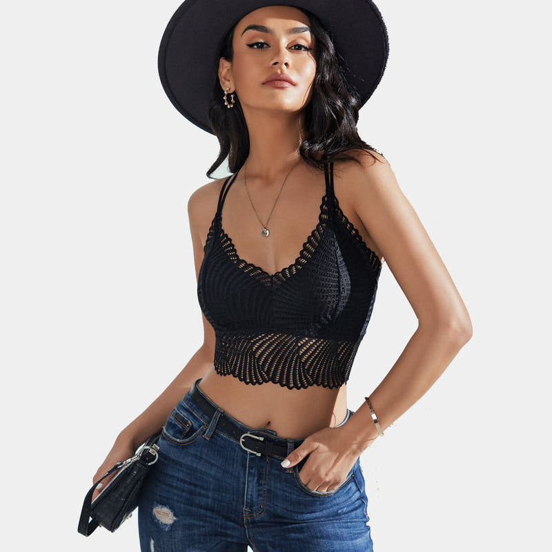 Black lace V-neck crop top with scalloped edge, on model wearing hat and jeans; Avidlove lingerie