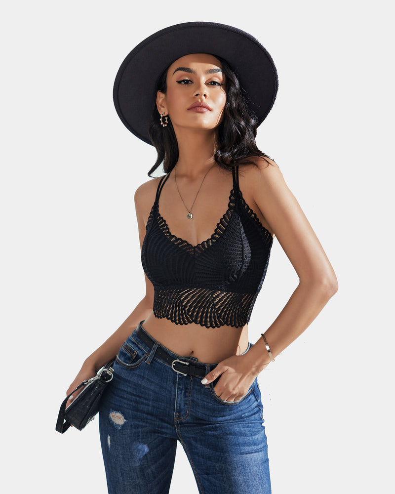 Black lace V-neck crop top with scalloped edge, on model wearing hat and jeans; Avidlove lingerie