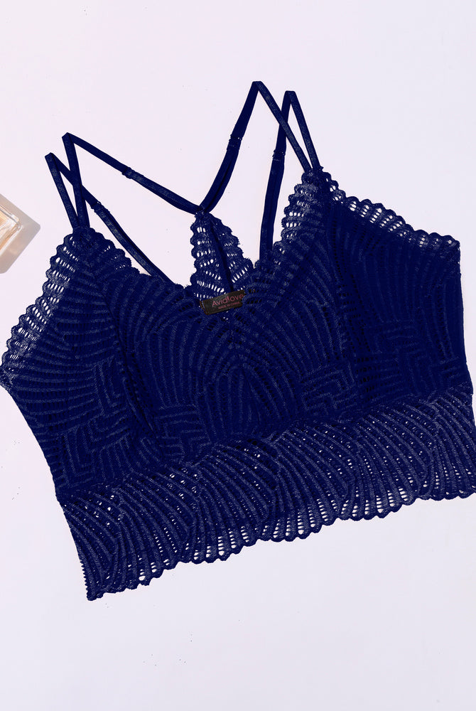 Avidlove navy blue lace V-neck crop top with adjustable straps. Sexy lingerie with scalloped edge.
