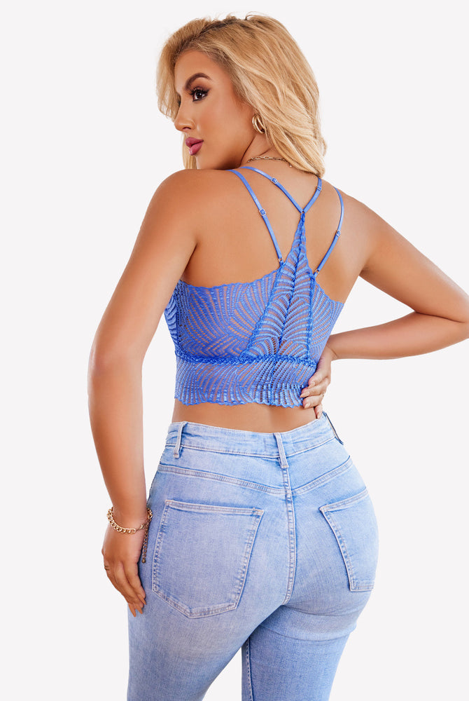Blue lace Avidlove V-neck crop top with adjustable straps, on model with jeans, sexy lingerie.