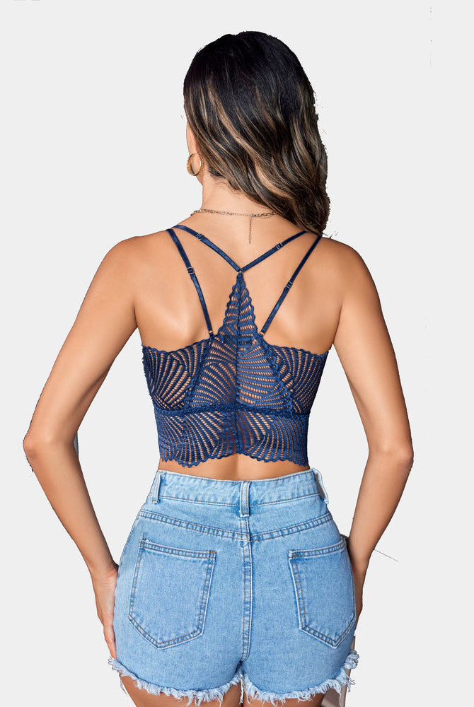 Navy lace Avidlove V-neck racerback crop top with adjustable straps, on woman in denim shorts.