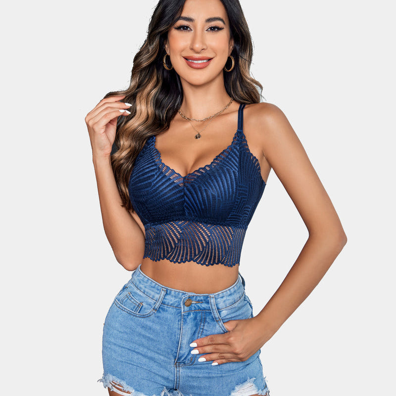 Navy lace V-neck crop top with adjustable straps by Avidlove, on a woman in denim shorts.