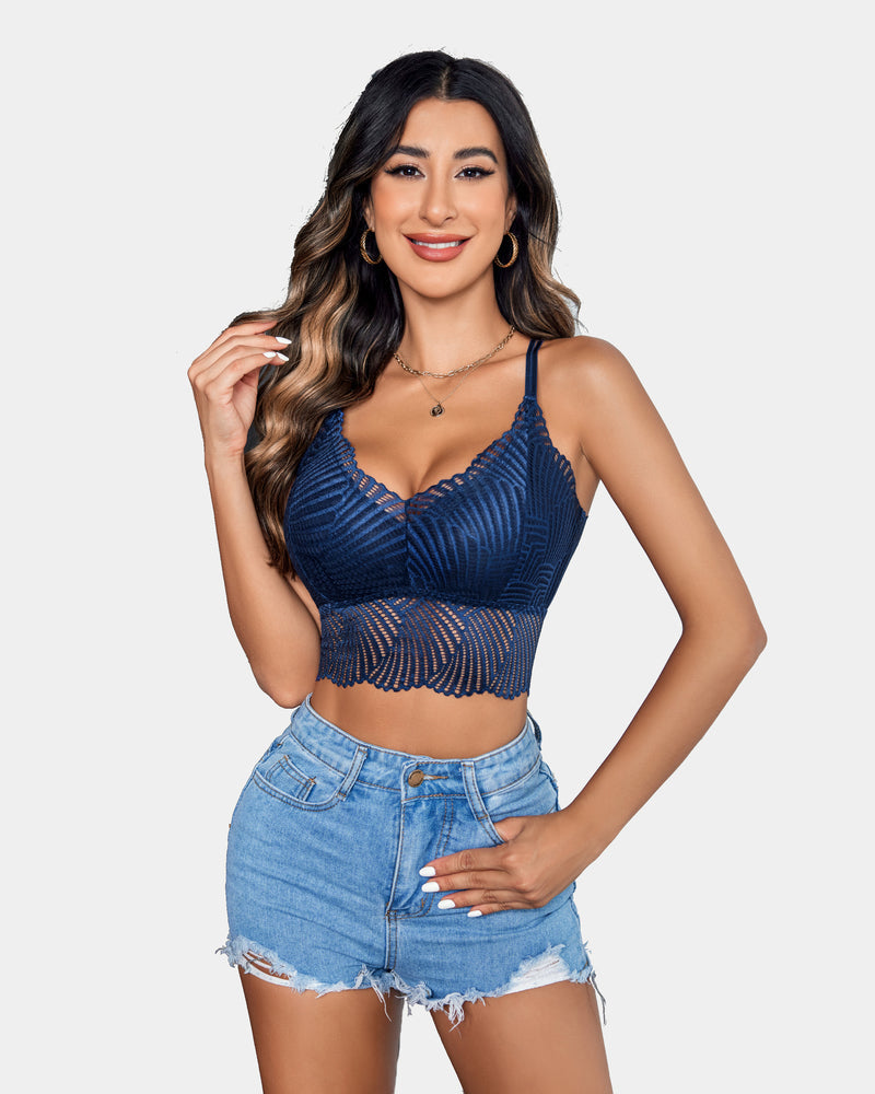 Navy lace V-neck crop top with adjustable straps by Avidlove, on a woman in denim shorts.