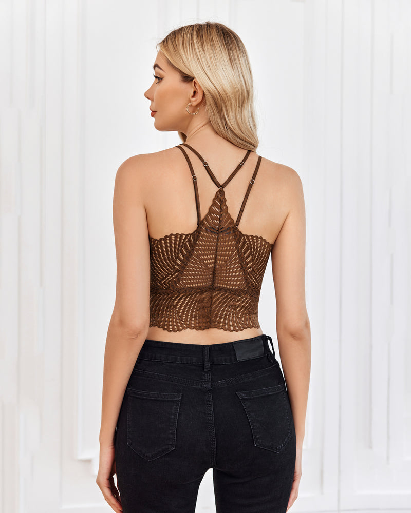 Brown lace Avidlove V-neck crop top with adjustable straps, on model with black jeans.