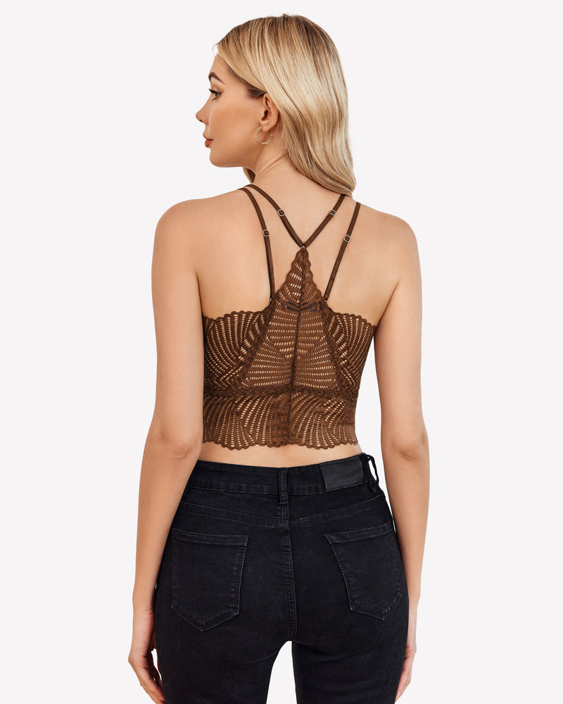 Brown lace V-neck racerback crop top by Avidlove, adjustable straps and black jeans, sexy lingerie