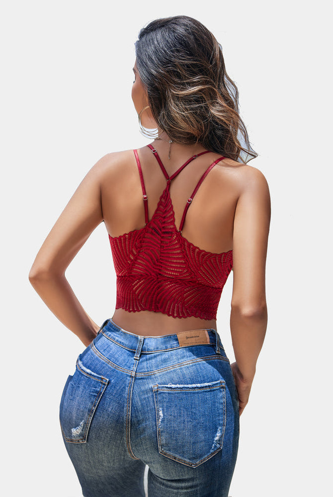 Red lace V-neck racerback crop top with blue jeans, back view, Avidlove lingerie