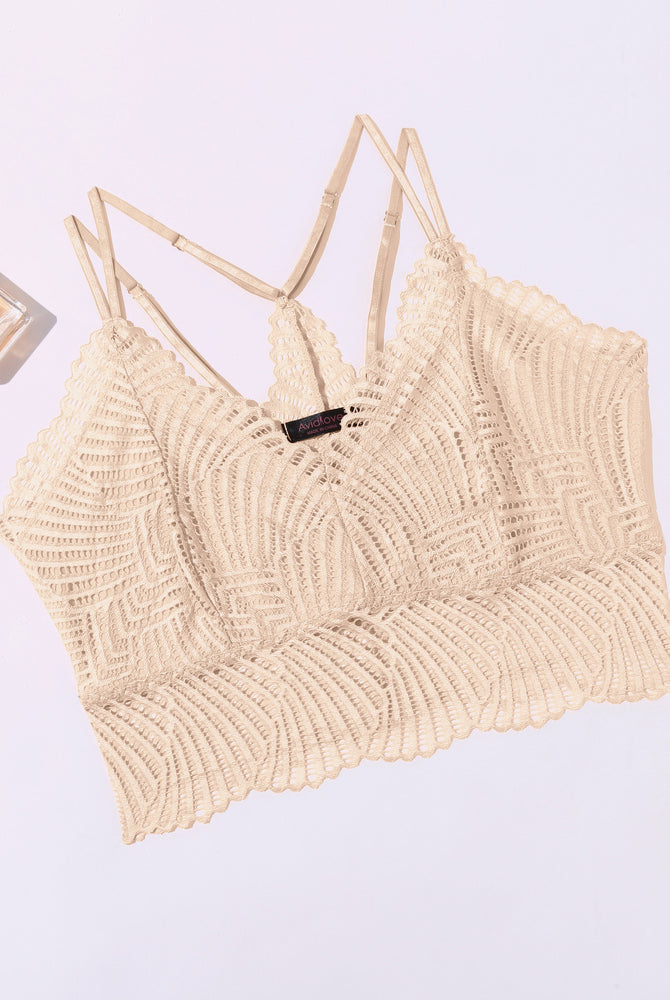 Beige Avidlove lace V-neck racerback crop top. Adjustable straps, scalloped edge. Sexy lingerie.