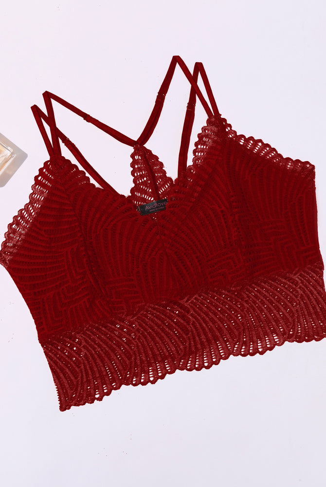Avidlove red lace V-neck crop top, adjustable straps, sexy lingerie, scalloped edge design