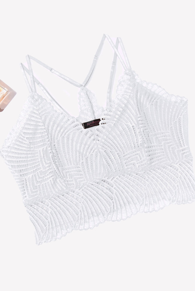 White lace Avidlove V-neck crop top with adjustable straps, floral embroidery, scalloped edge design