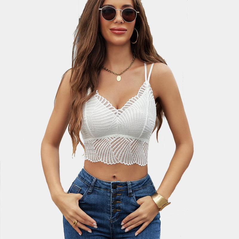 Avidlove white lace V-neck crop top with scalloped edge, on model with blue jeans and accessories.