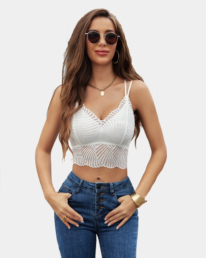 Avidlove white lace V-neck crop top with scalloped edge, on model with blue jeans and accessories.