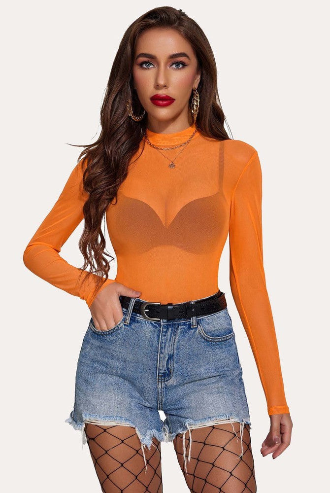 Sheer orange mesh crop top, long sleeve, mock neck. Sexy lingerie for women