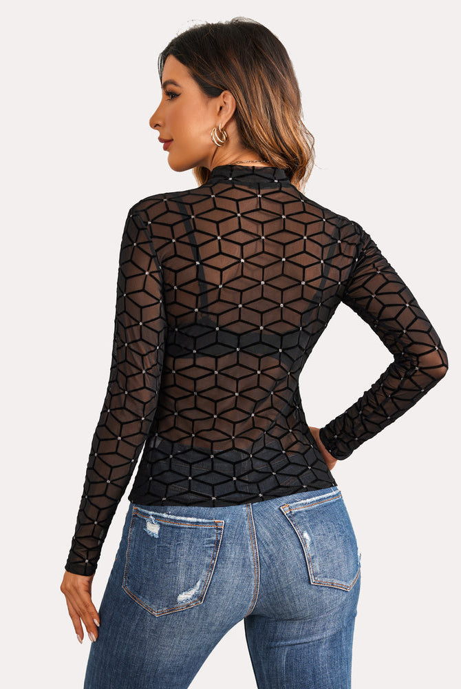 Black mesh long sleeve crop top with geometric design. See-through and sexy look.