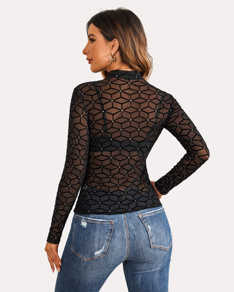 Black mesh long sleeve crop top with geometric design. See-through and sexy look.