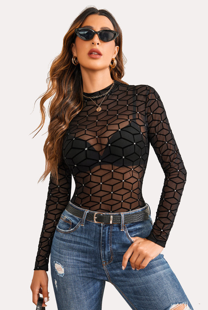 Geometric black mesh crop top with long sleeves and mock neck. Sensual lingerie for women.